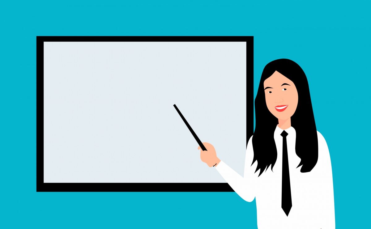 Illustration of a woman with long black hair using a pointing at a blank whiteboard
