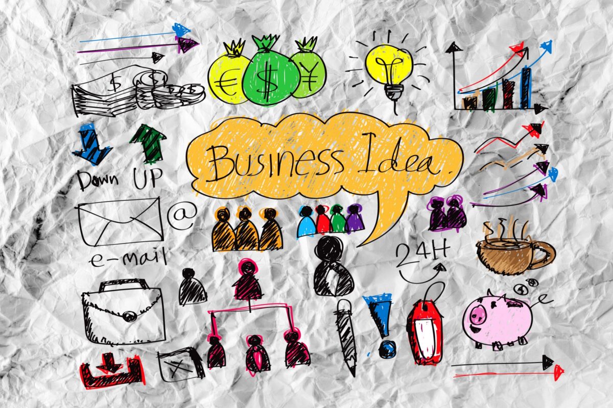 Doodled images related to business concepts surround a thought bubble with the words "Business Idea" on a crumpled piece of paper https://www.publicdomainpictures.net/pictures/340000/velka/hand-doodle-business-icon-set-idea-design-on-crumpled-paper-1589994510yPV.jpg