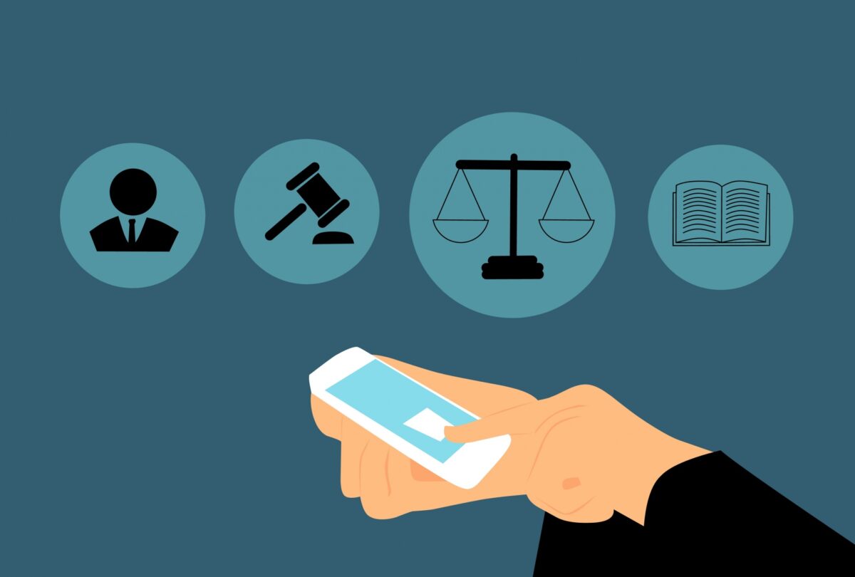 Illustration of a set of hands tapping an icon on a phone screen, with floating icons related to legal concepts floating above 